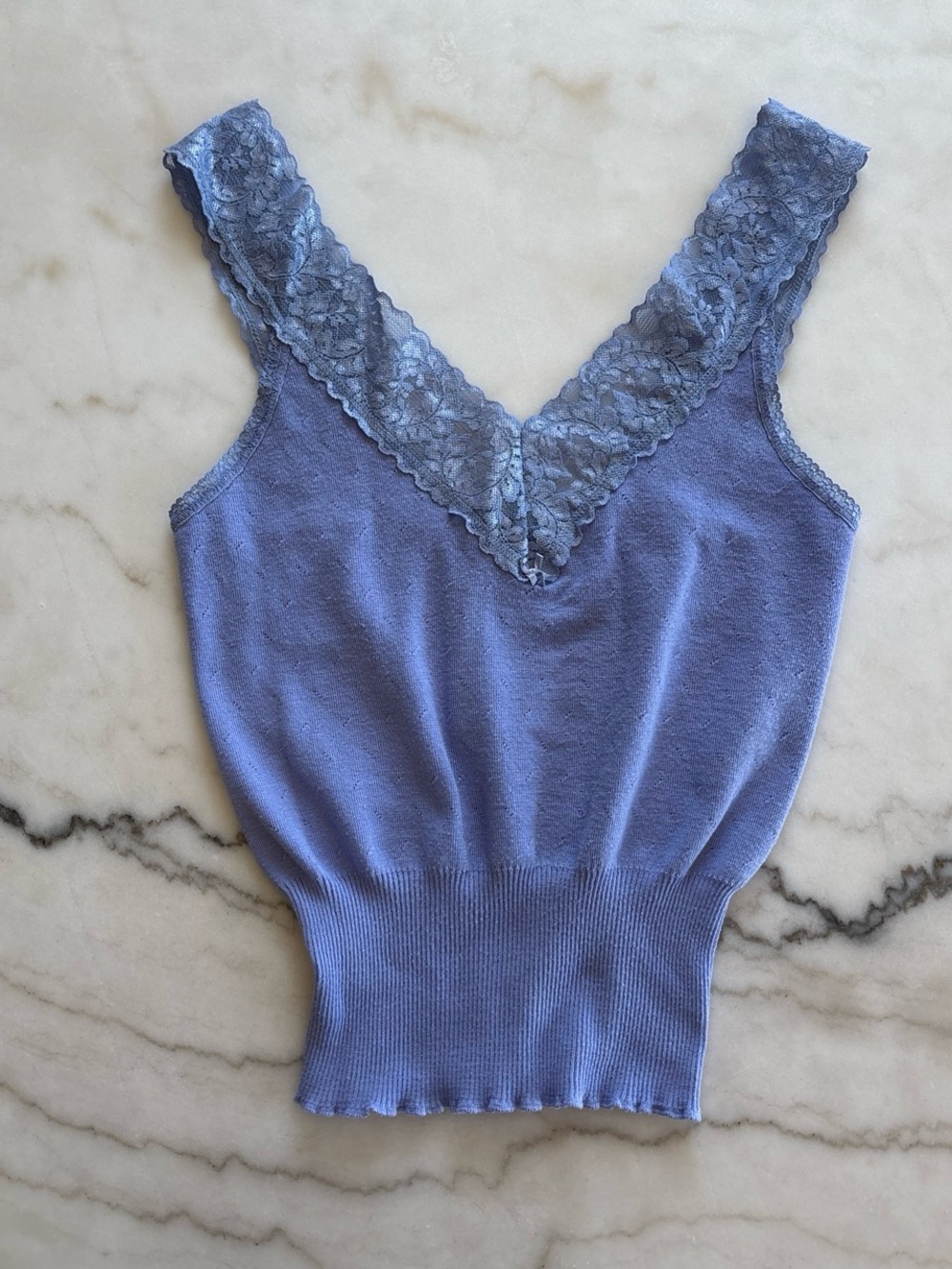 Vintage The Limited Tank Top Womens Blue Ribbed Knit V Neck Lace Cami Y2K 90s